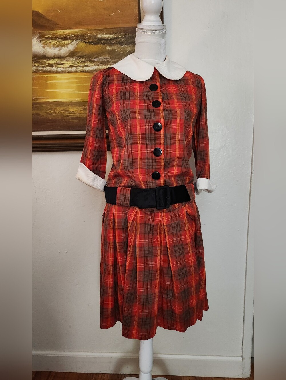 Vintage 1960s Red Plaid Drop Waist Button Front Belted Pleated Dress - Picture 5 of 15